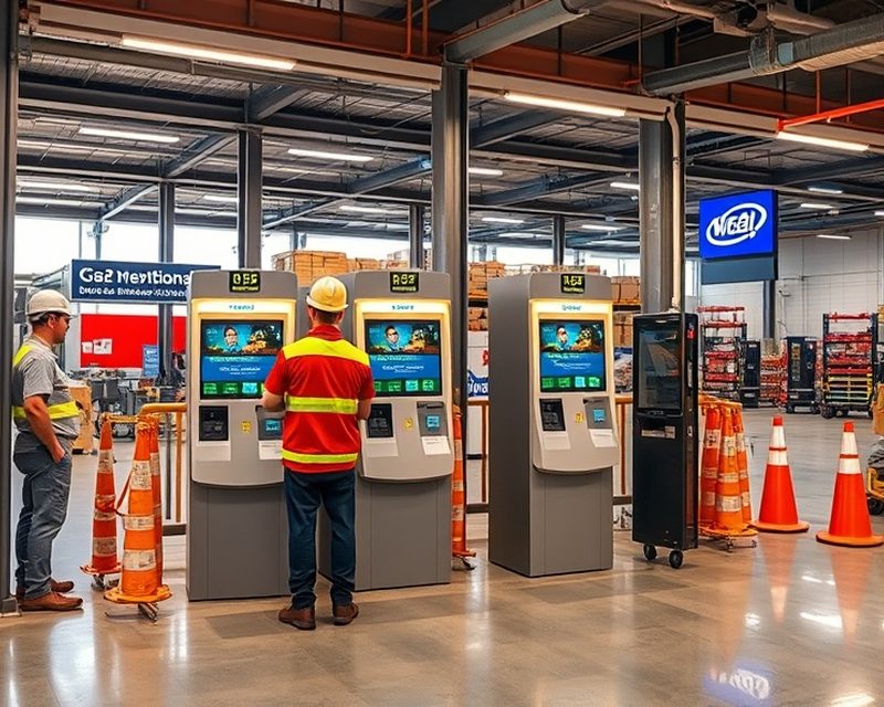 Técnico realizando el mantenimiento de un terminal de autoservicio
