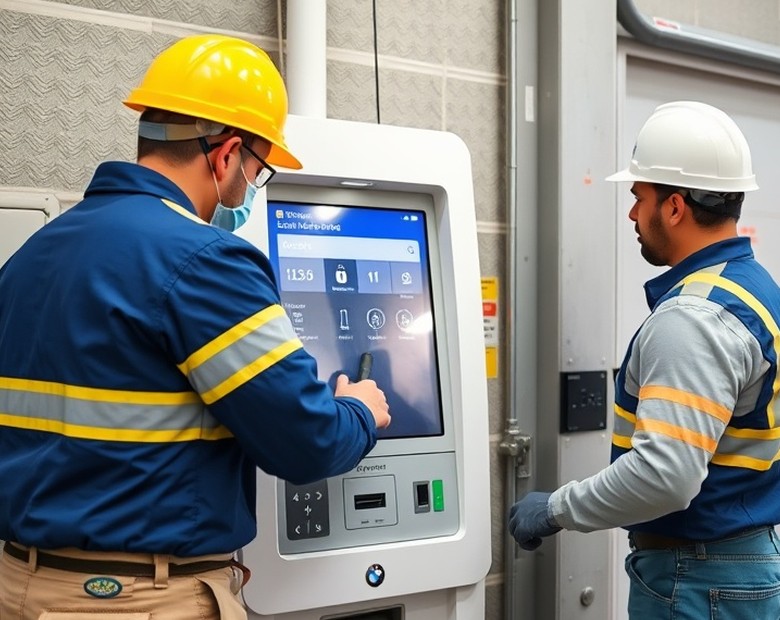 Técnico realizando el mantenimiento de un terminal de autoservicio