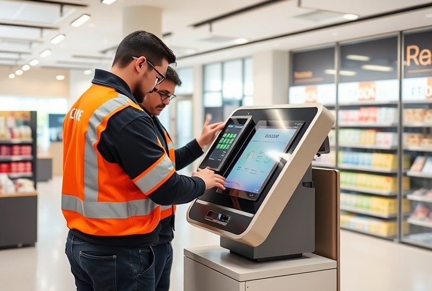 Técnico realizando el mantenimiento de un terminal de autoservicio